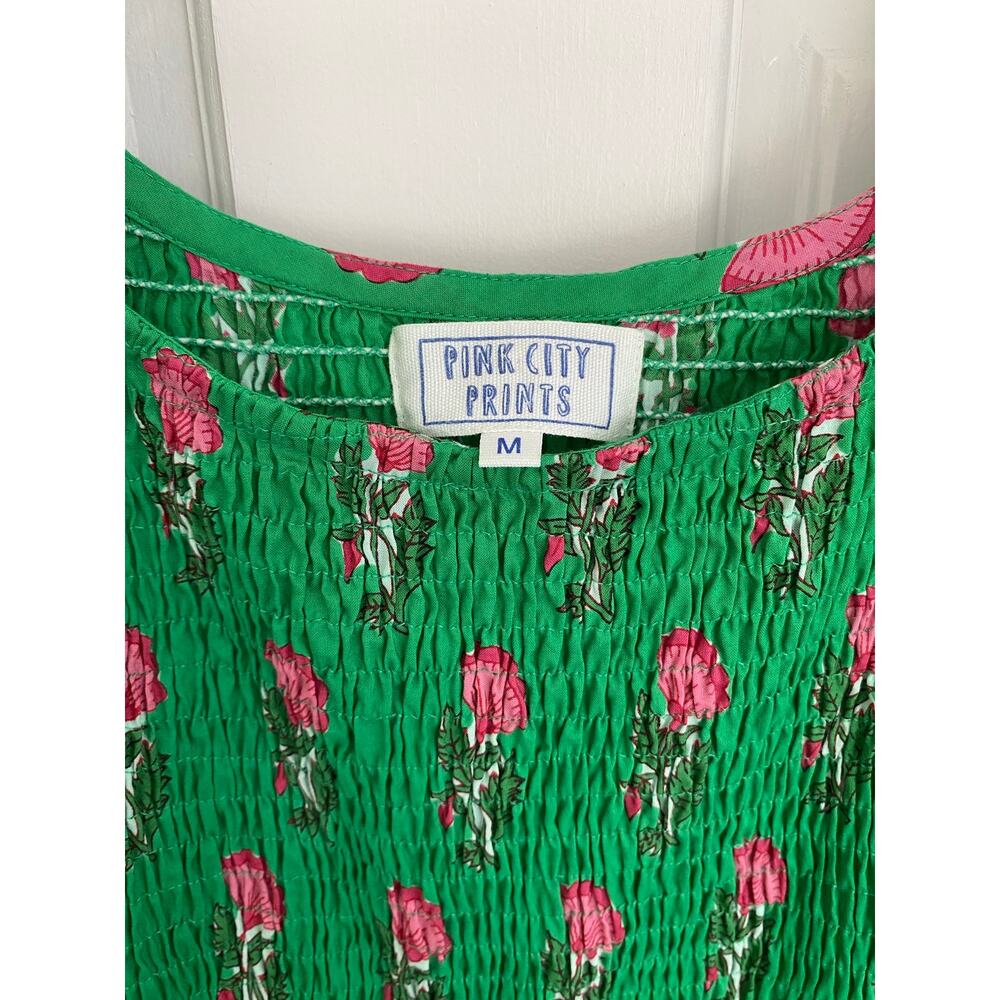 PINK CITY PRINTS Tuckernuck Parakeet Blossom Angelina Midi Smocked Dress Green M - Picture 7 of 9